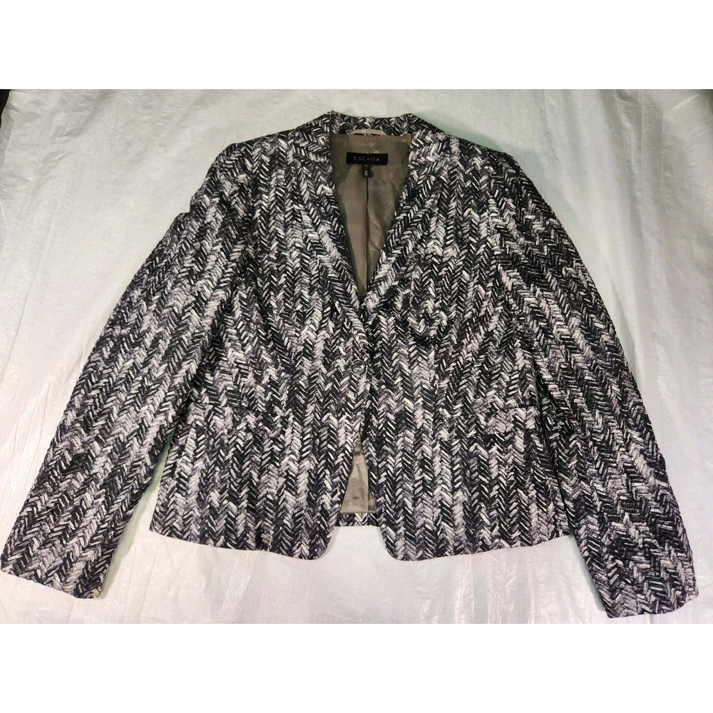Escada Womens Black Gray White Silk Blend Button Up Blazer Jacket 42 US 12